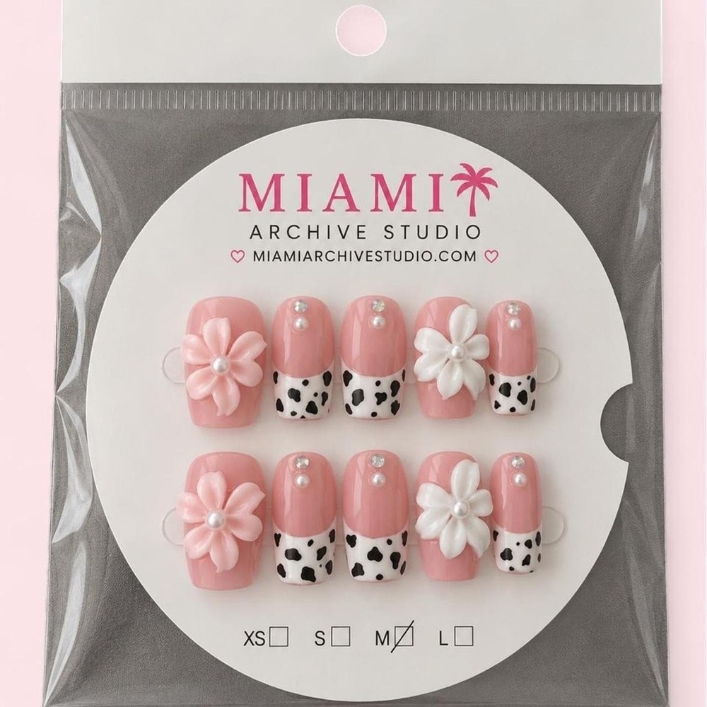 Pink Cow Print Flower Press-On Nails | Handmade 3D Floral Nail Set